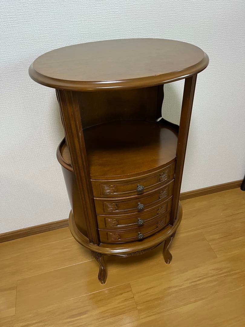 アンティーク調 木製サイドチェスト 4段引き出し 丸テーブル コンソールテーブル
