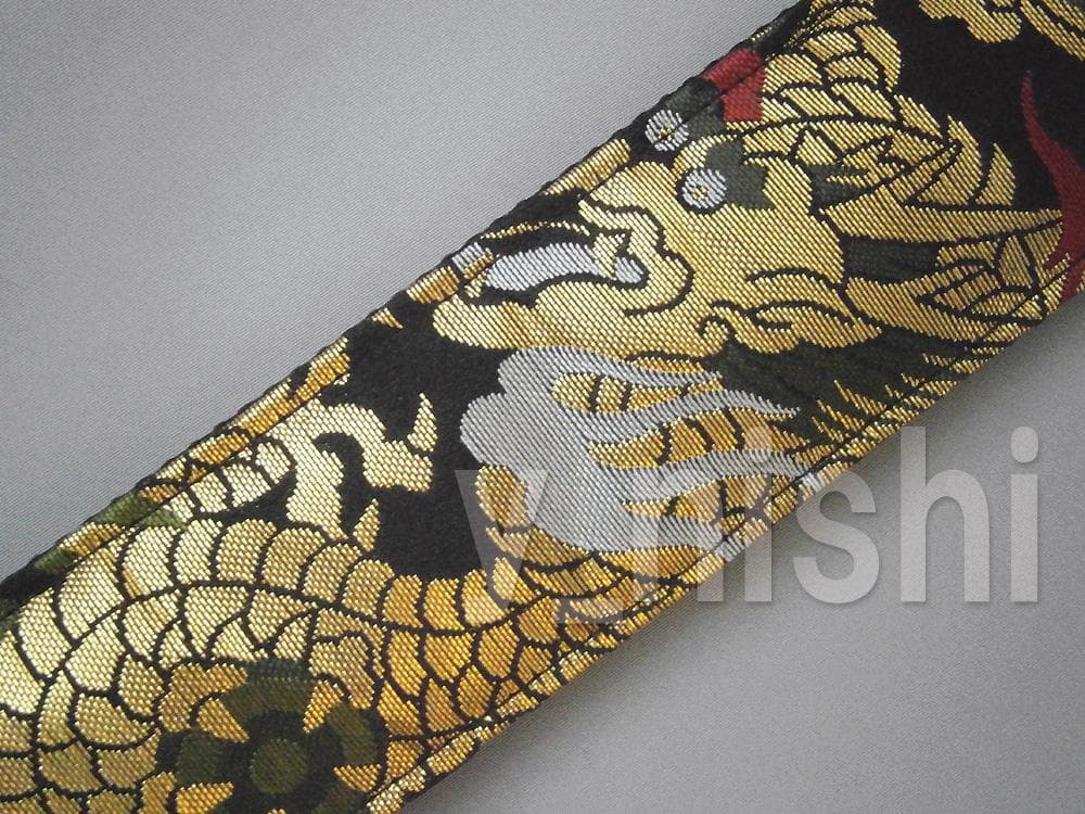 京都 西陣織り 和柄ギターストラップ 火炎龍/黒 金襴生地使用