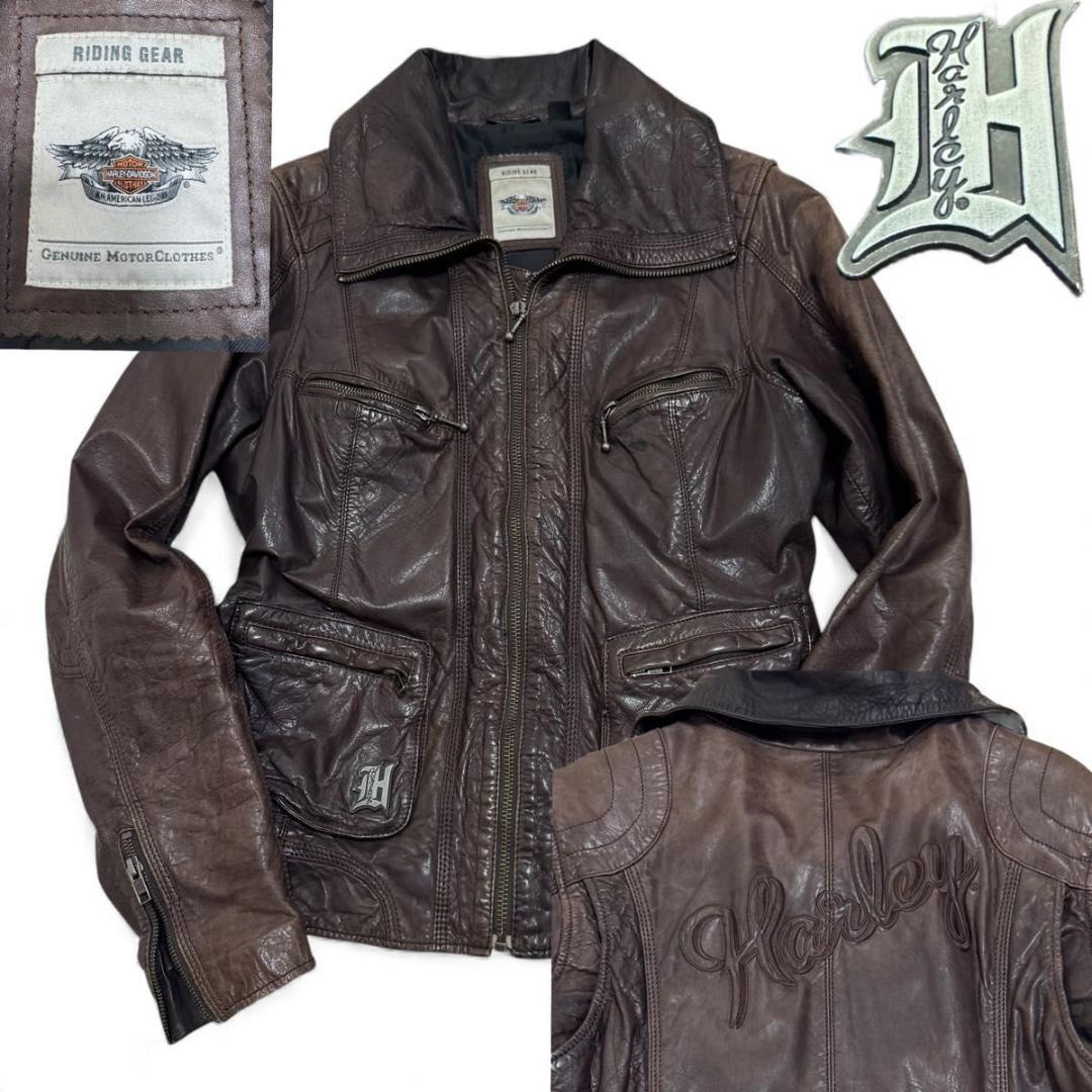 Harley-Davidson 　シングルライダース　牛革　ロゴ　エンボス　L