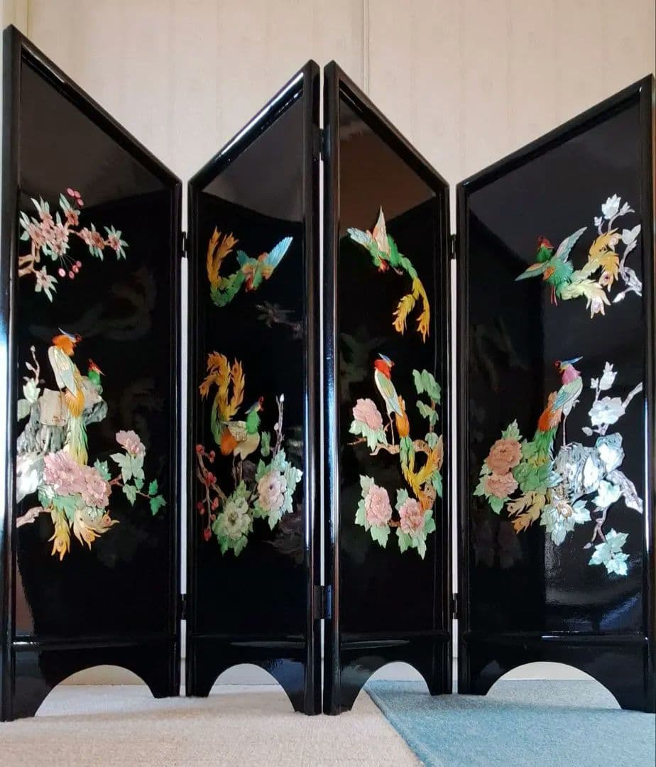 アンティーク骨董品 螺鈿細工 貝細工 花鳥風月 パーティション 屏風 漆塗り