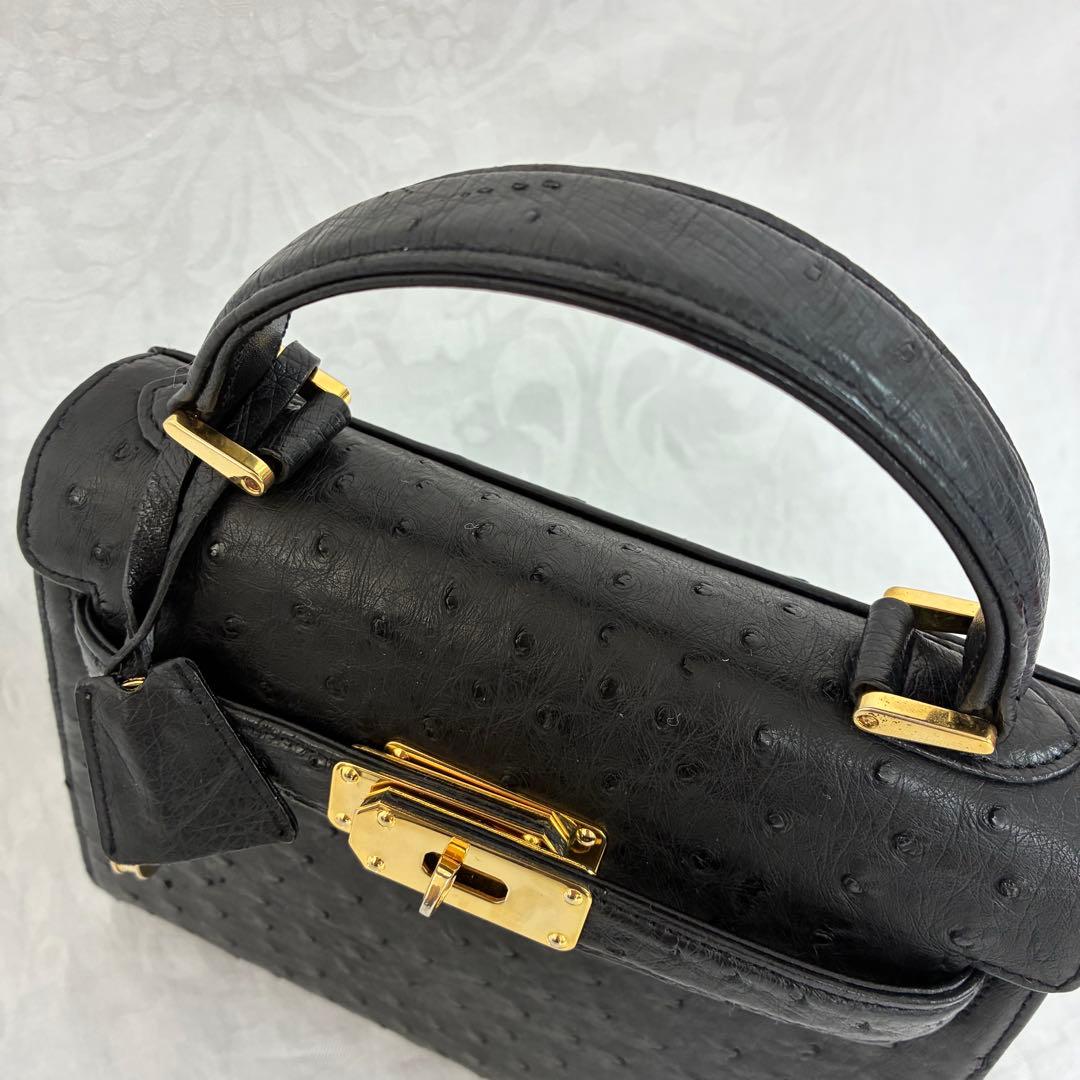 高級【RODANIA】オーストリッチ ハンドバッグ ブラック 本革