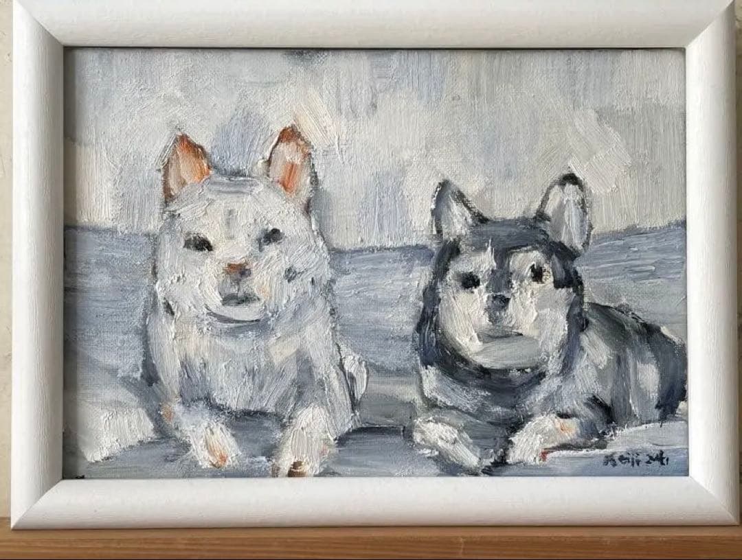 犬の油彩画 フレーム付き