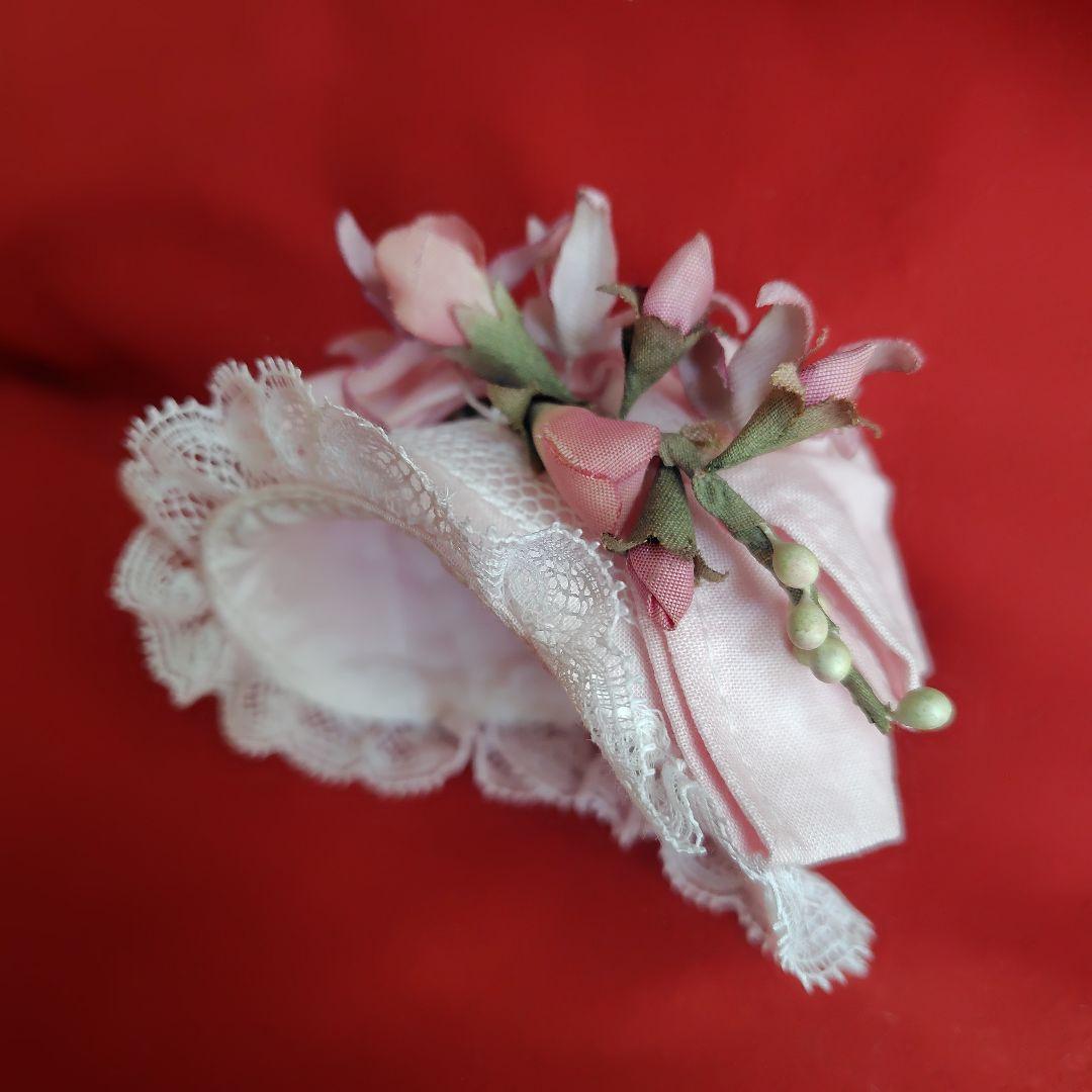 30cm位のドール用ドレス 淡〜いピンクアンティークドレスとボネ