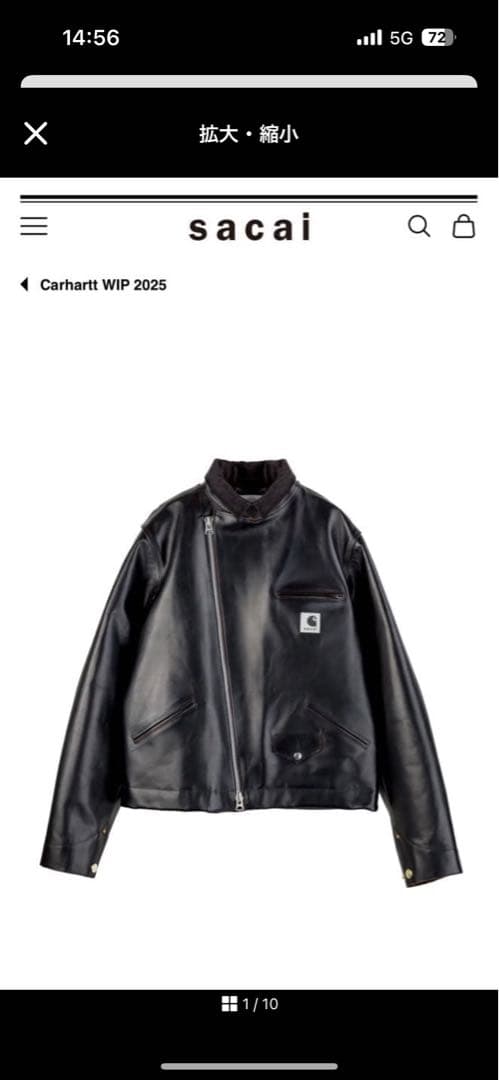 黒1 S sacai carhartt wip レザー　ジャケット　新品タグ付