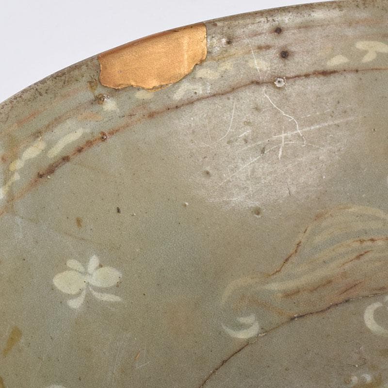 朝鮮美術　李朝　高麗青磁　象嵌花文碗　金継ぎ直し　V　R8968