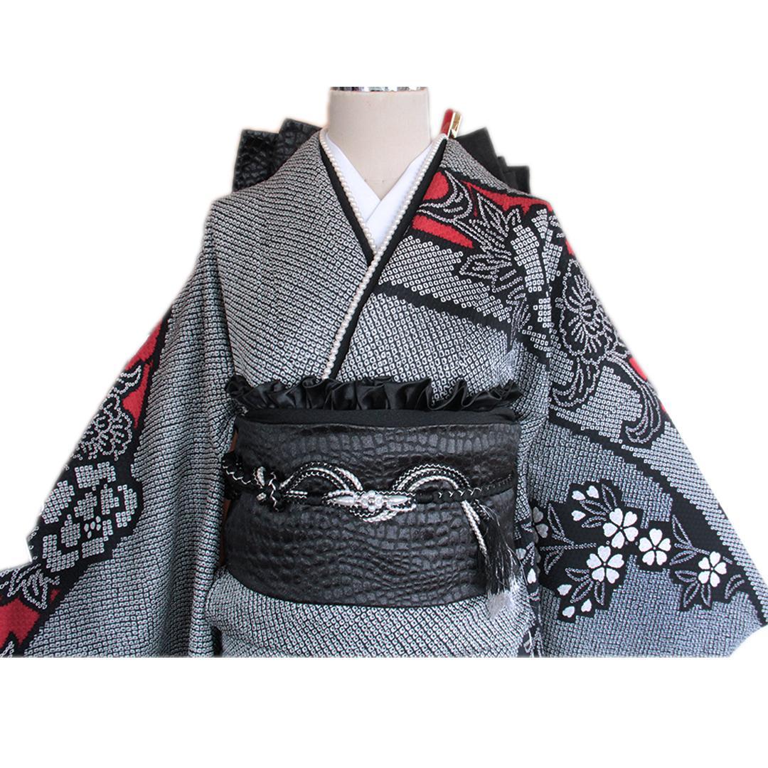 人気黒！振袖ほぼフルセット7点セット帯新品疋田重ね衿帯締め帯揚げRD09