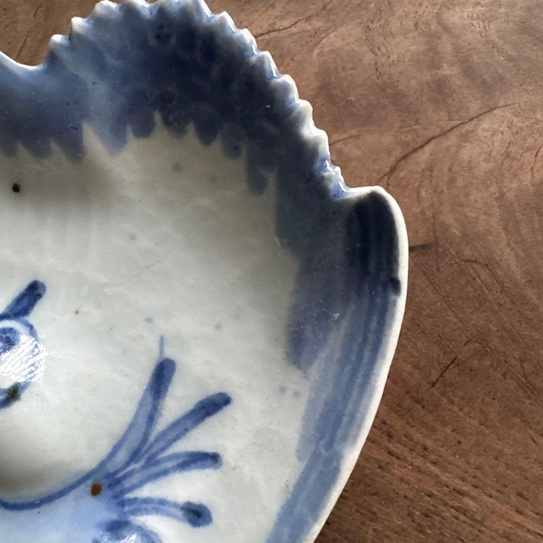 江戸中期　藍九谷　染付鶴形　手塩皿/小皿　変形皿　K338