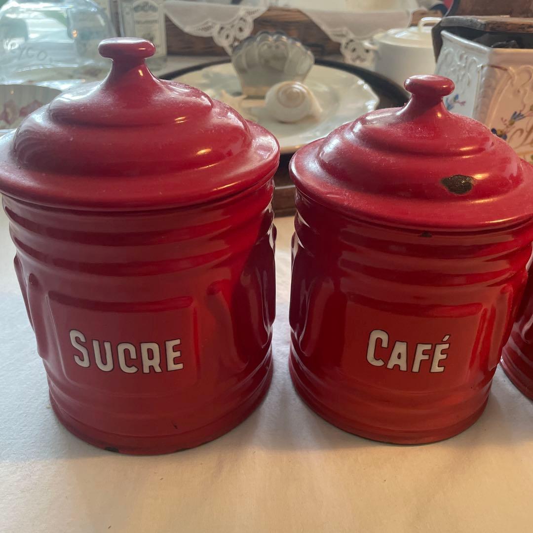 ‼️SALE開催‼️ビンテージ赤ホーローキャニスター　6個セット　キッチン雑貨