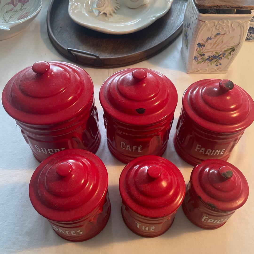 ‼️SALE開催‼️ビンテージ赤ホーローキャニスター　6個セット　キッチン雑貨