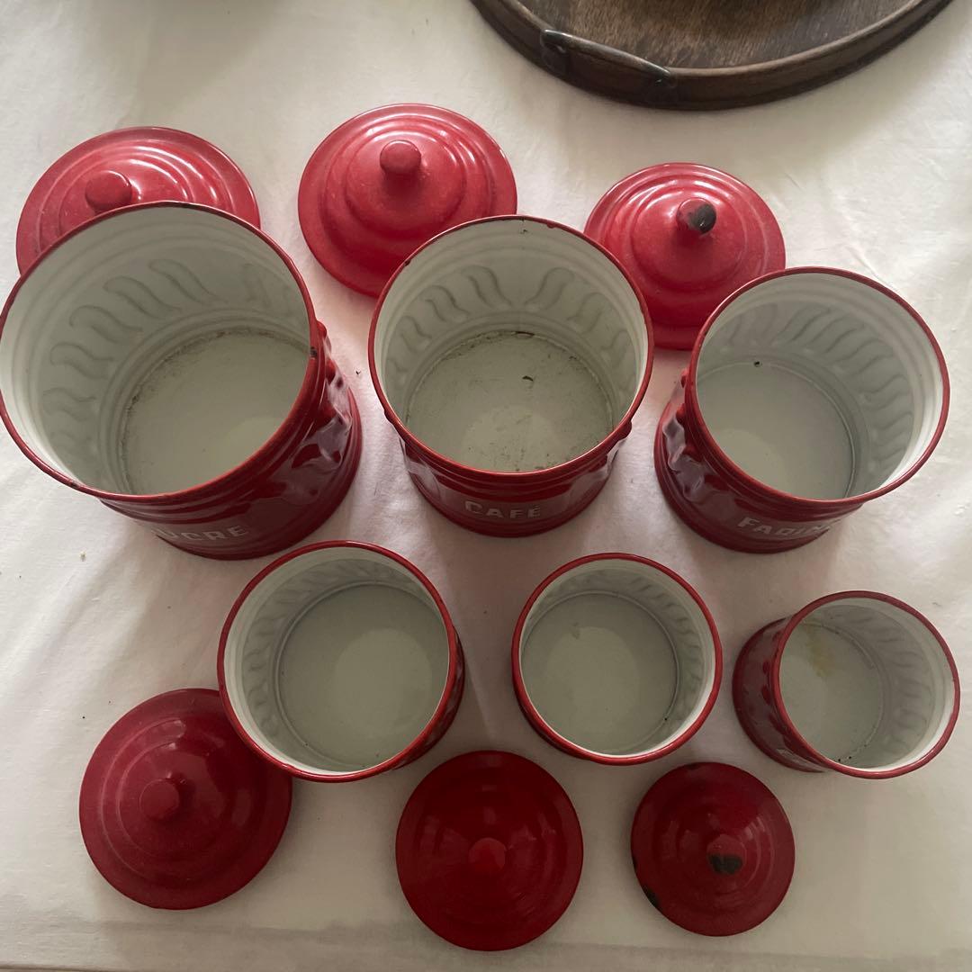 ‼️SALE開催‼️ビンテージ赤ホーローキャニスター　6個セット　キッチン雑貨