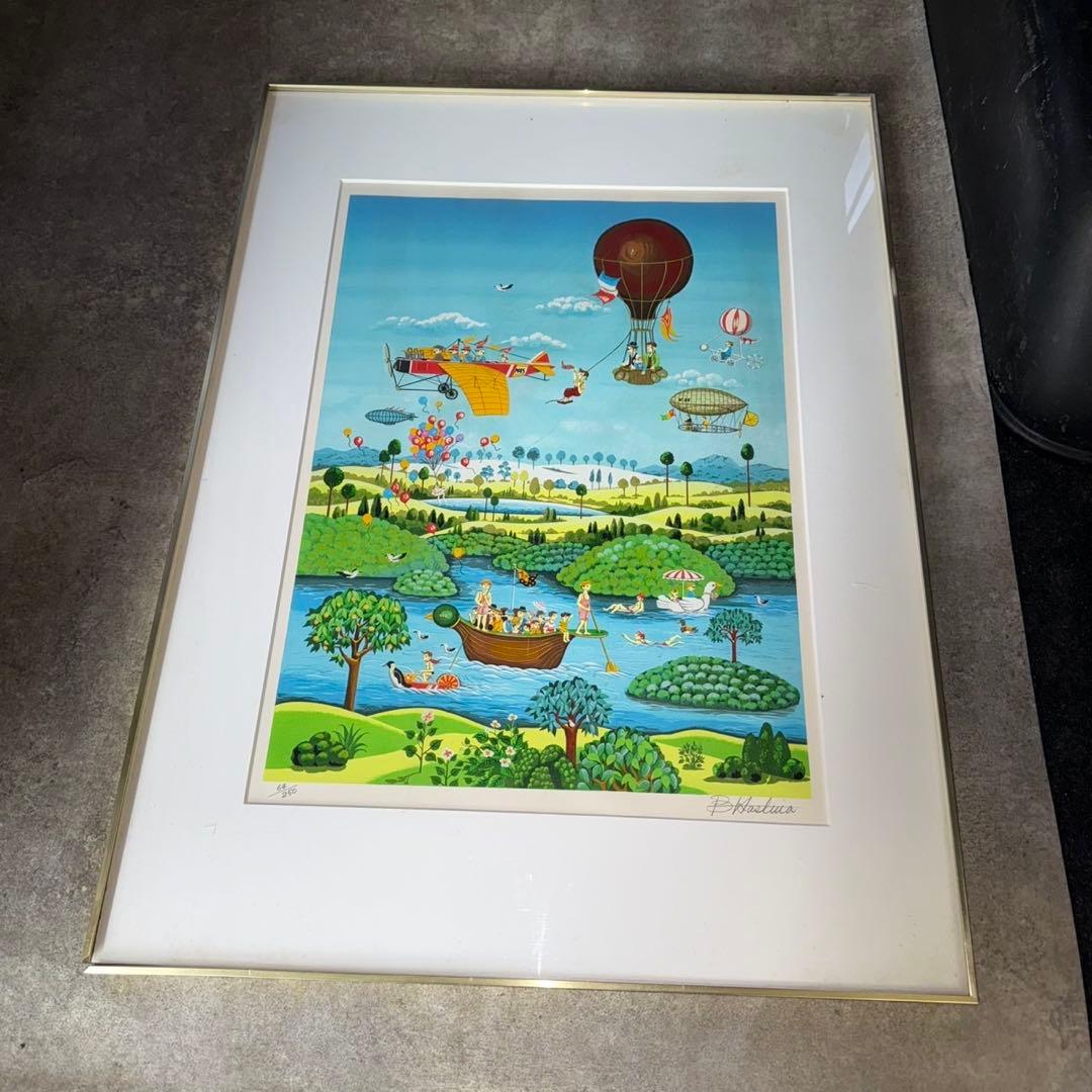 ビン・カシワ「湿原パラダイス」リトグラフ　直筆サイン入り　額縁入り　64/250