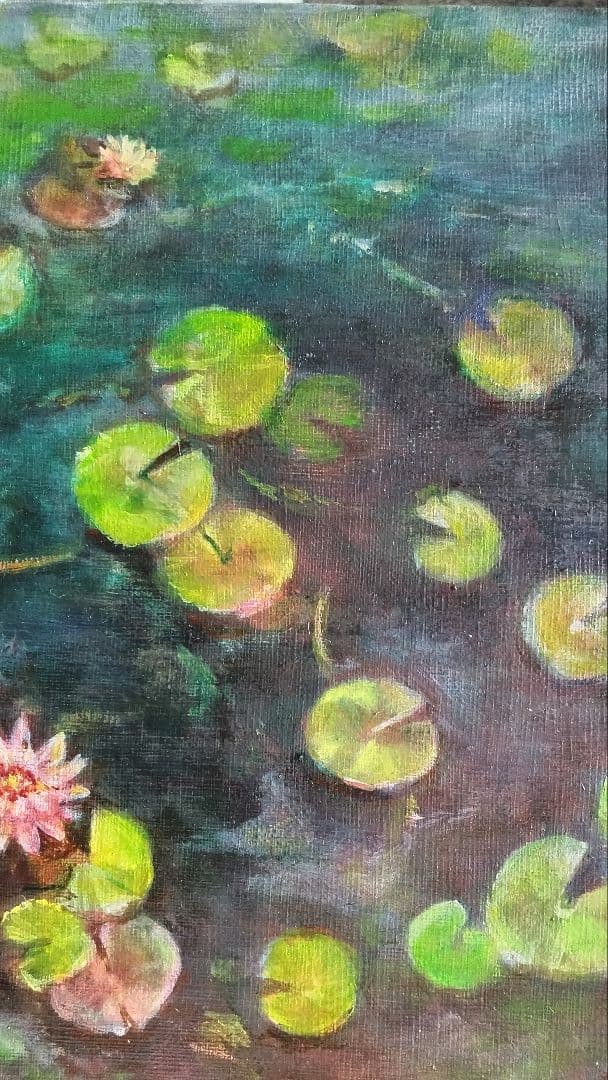 保田三友紀の古典画技法の油絵睡蓮F４号 超高級 額縁付きガラス入り