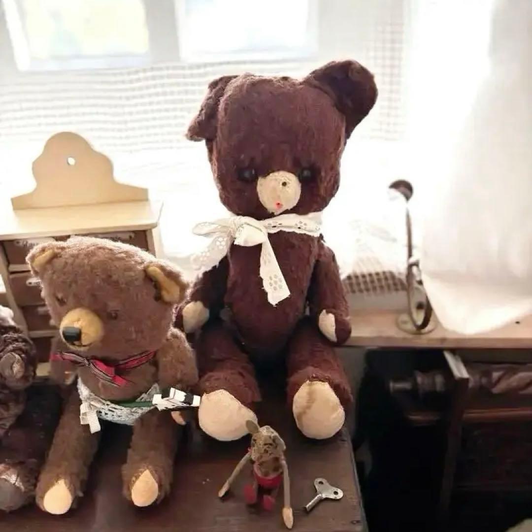 アンティーク　テディベア 茶色のリボン付きぬいぐるみ 約30cm