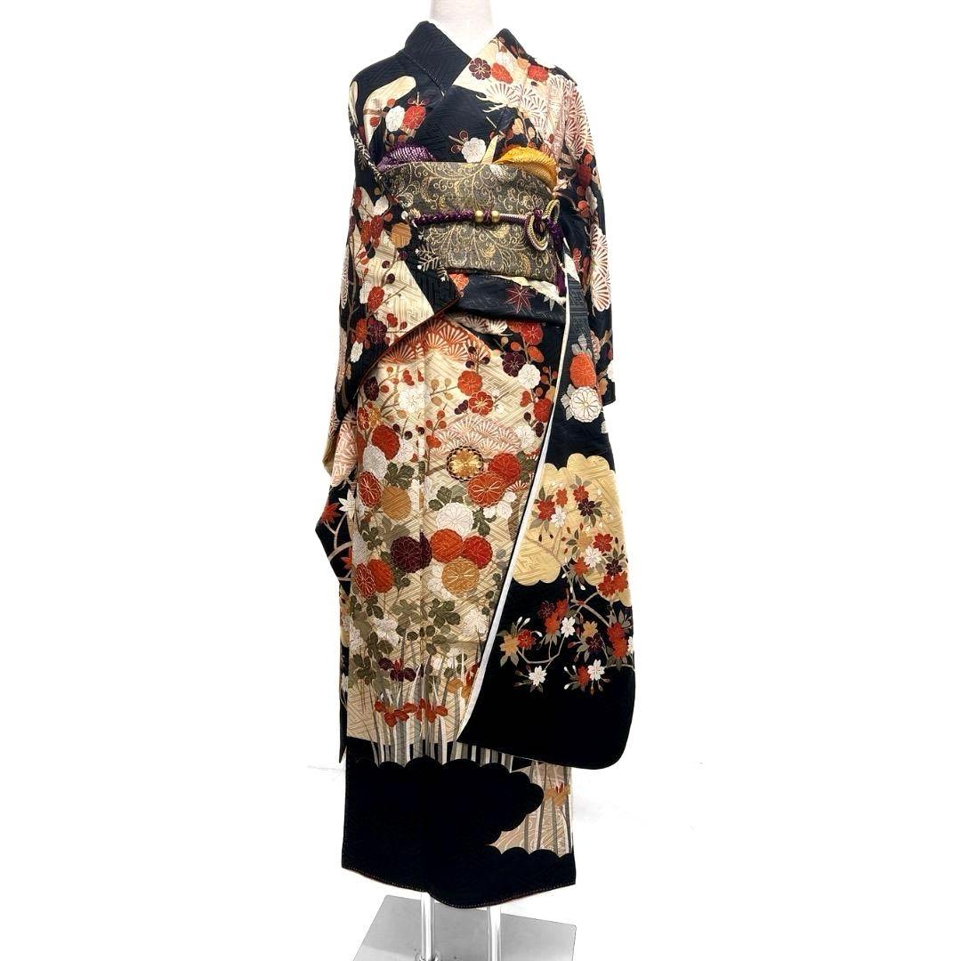 振袖　金駒刺繍　紗綾形地紋　菊花　松竹梅　霞　成人式　着物　083a p