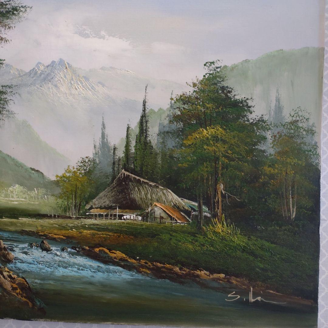 大きめ油絵　油彩画　美しい風景画　作者不明　額縁入り