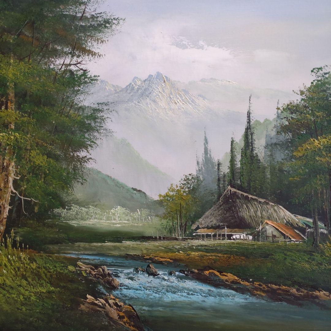 大きめ油絵　油彩画　美しい風景画　作者不明　額縁入り