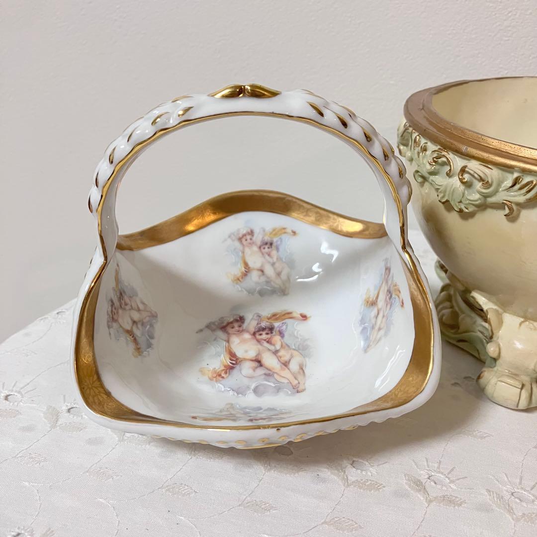 イタリア製 天使 エンジェル アンティーク調 置物 小物入れ／陶器製バスケット