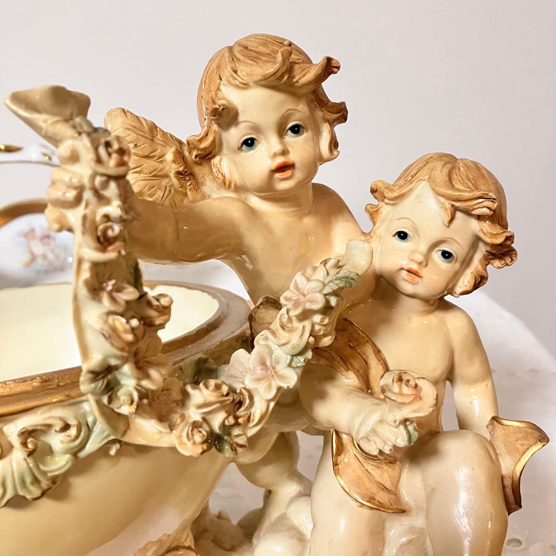 イタリア製 天使 エンジェル アンティーク調 置物 小物入れ／陶器製バスケット