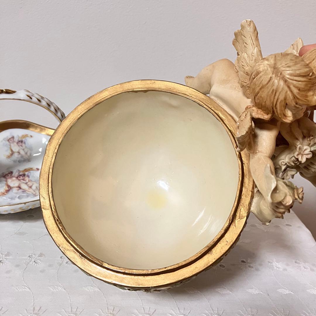 イタリア製 天使 エンジェル アンティーク調 置物 小物入れ／陶器製バスケット