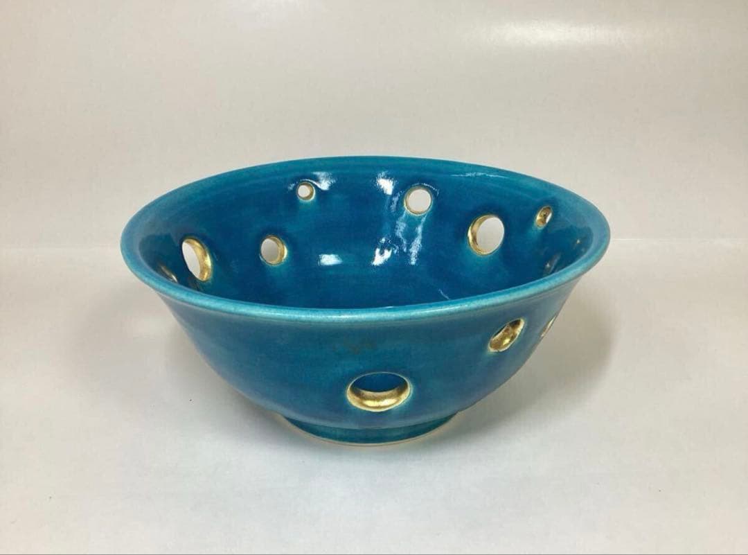 茶道具 古物品 菓子鉢 萬古 トルコ釉 水玉透かし 加賀瑞山 木箱入