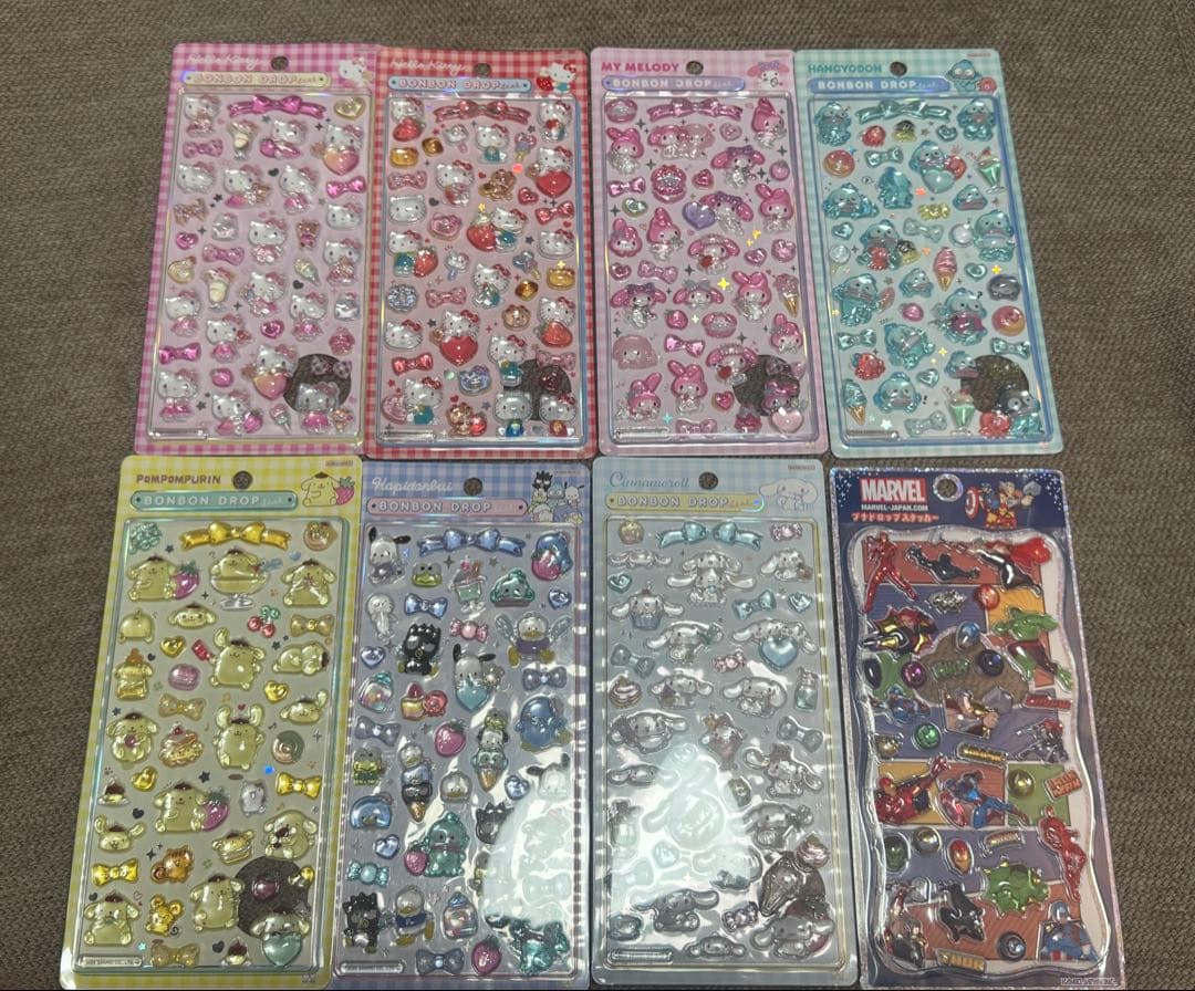 早い者勝ち‼️正規品‼️サンリオ　ボンボンドロップシール7種+marvelプチドロ