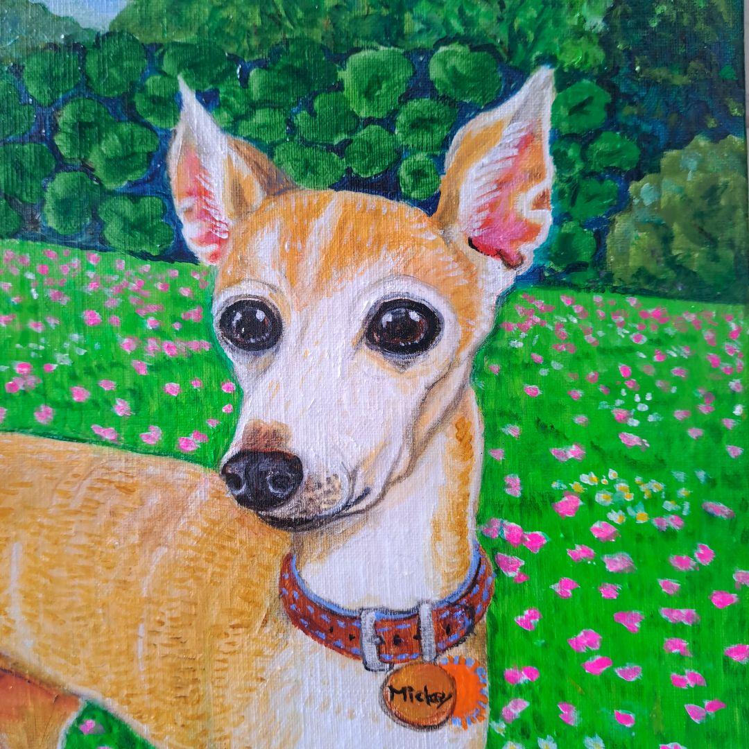 専用　油絵　イタリアングレーハウンドの美しいMickeyちゃんと小花咲く草原