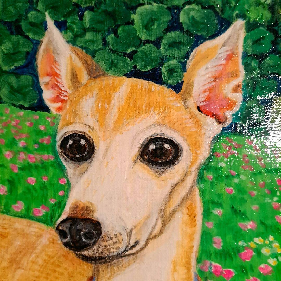 専用　油絵　イタリアングレーハウンドの美しいMickeyちゃんと小花咲く草原