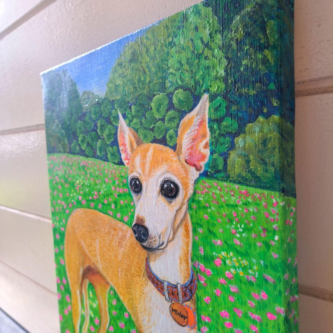 専用　油絵　イタリアングレーハウンドの美しいMickeyちゃんと小花咲く草原