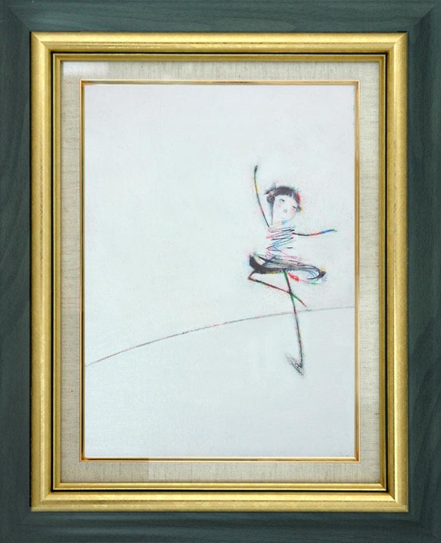 油絵 菅家令子絵 絵画インテリア額付(青緑＋金色の枠)F4-071820スケート