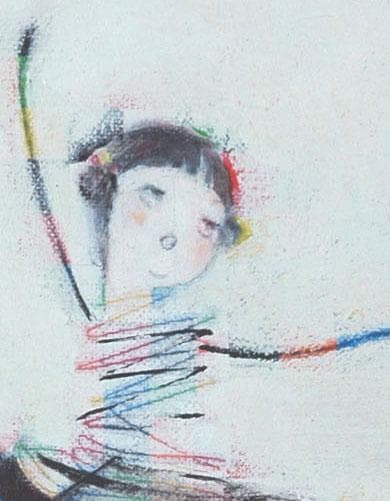 油絵 菅家令子絵 絵画インテリア額付(青緑＋金色の枠)F4-071820スケート