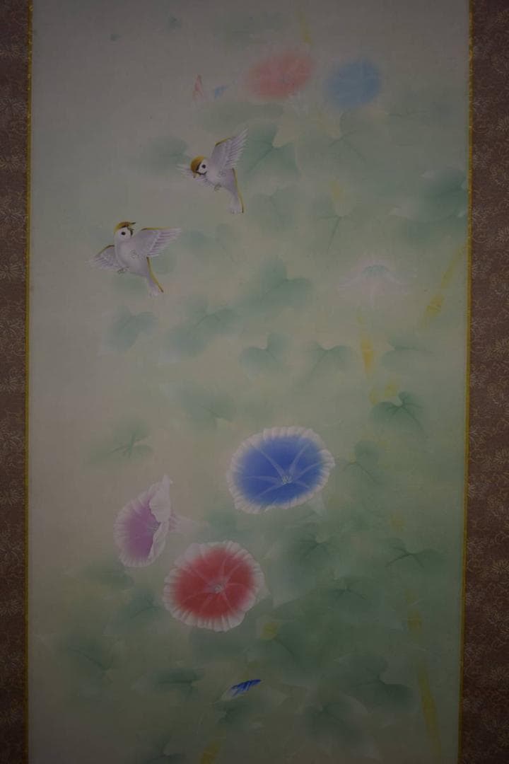 真作/小川北遥/雀/朝顔/桐共太巻箱付/布袋屋掛軸HI-704