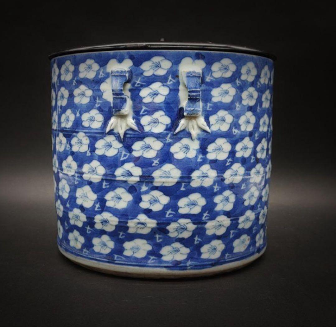 中國美術 古玩 双耳竹纹样壺 青華染付 水指し