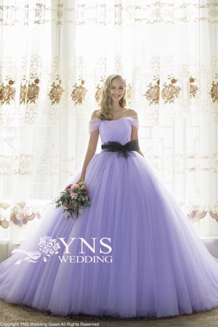 ラベンダーオフショルダーチュールドレス