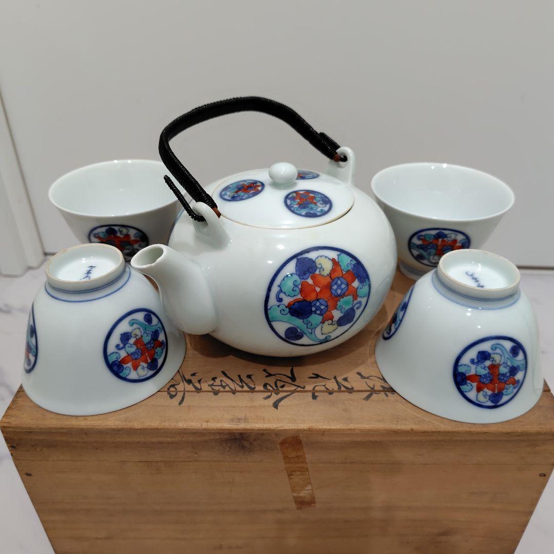 今泉今右衛門(有田焼)茶道具セット 青赤花柄急須と茶碗