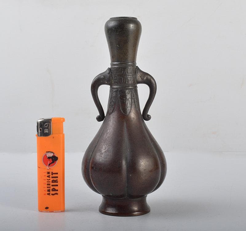 中国　古銅宣徳銅　饕餮文瓜稜蕾口瓶　V　R4319