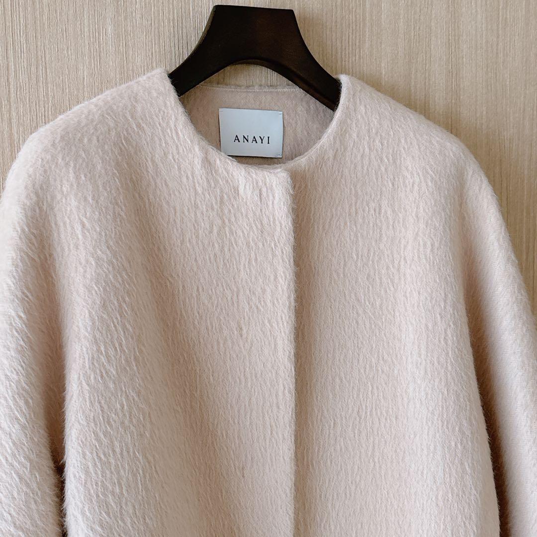【1034】美品　アナイ　アルパカヘリンボンショートコート　ライトベージュ　A