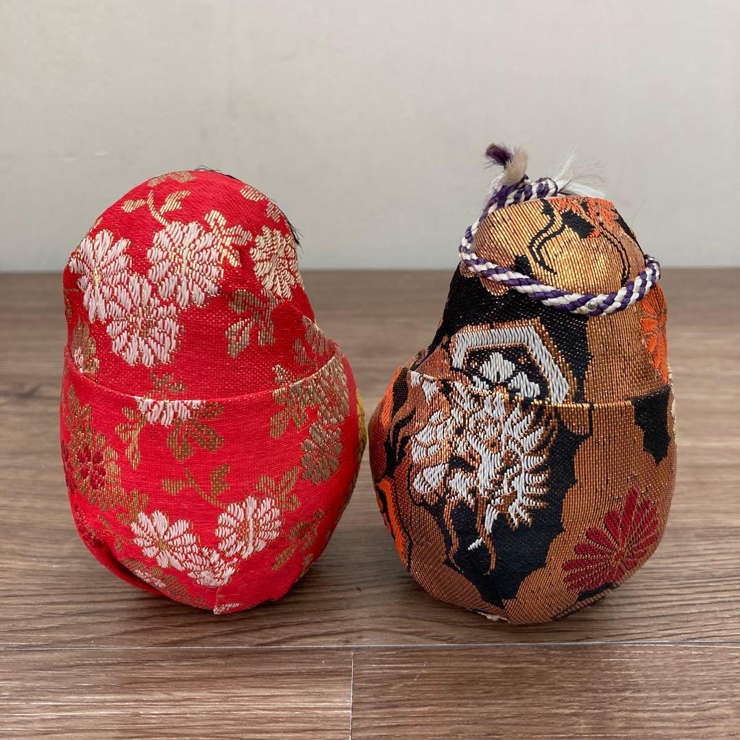 E-4 【昭和レトロ】姫だるま・殿だるま 2体セット 木目込み風 置物 金襴 縁