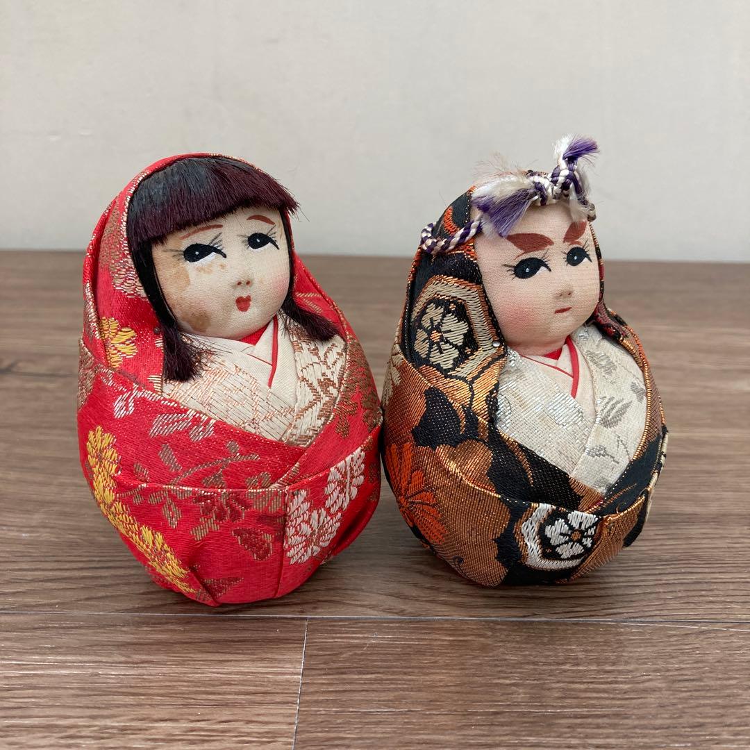 E-4 【昭和レトロ】姫だるま・殿だるま 2体セット 木目込み風 置物 金襴 縁