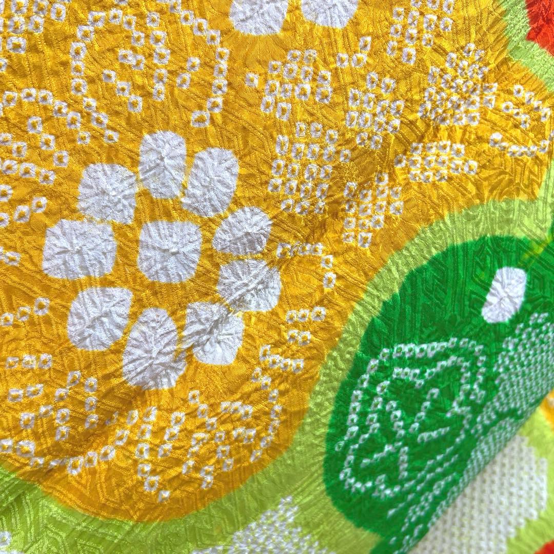 358 振袖フルセット 正絹 総絞り 黄緑 グリーン 黄色 朱赤 カラフル 古典