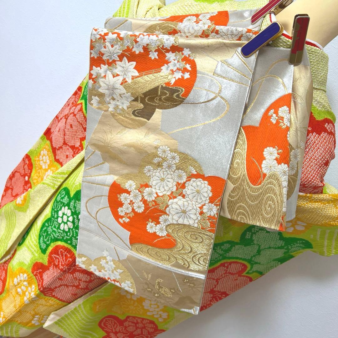 358 振袖フルセット 正絹 総絞り 黄緑 グリーン 黄色 朱赤 カラフル 古典