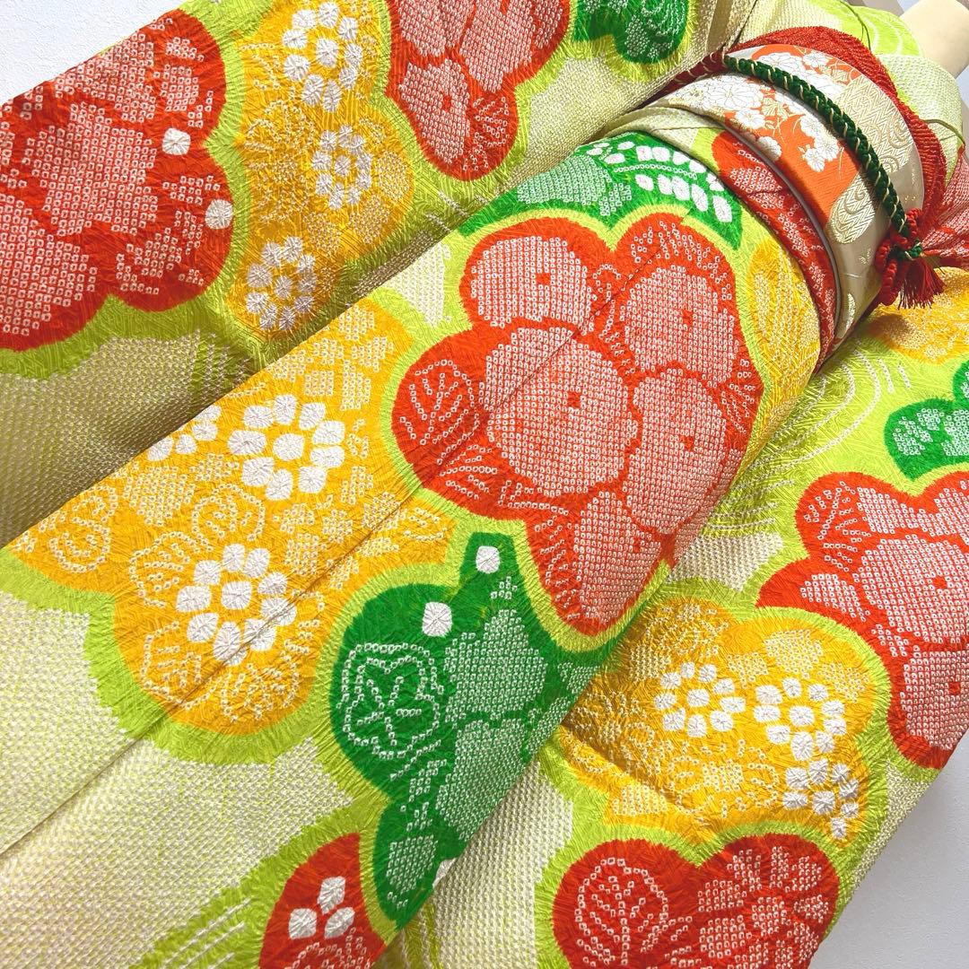 358 振袖フルセット 正絹 総絞り 黄緑 グリーン 黄色 朱赤 カラフル 古典