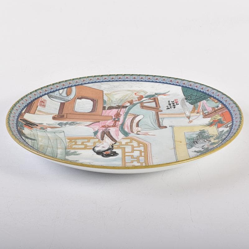 中国　粉彩　漢詩人物文盤　皿　V　R7855