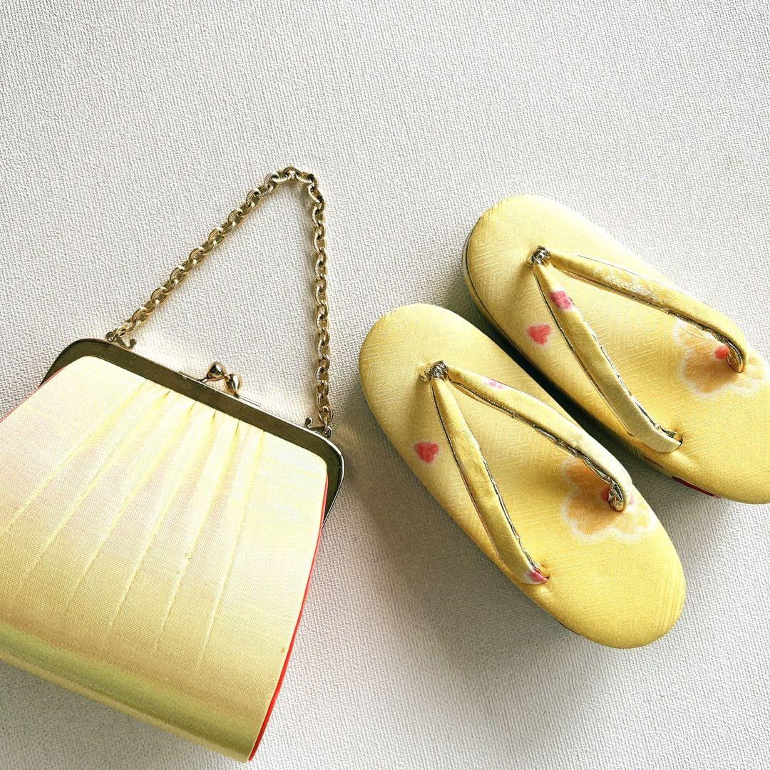 セット七五三7歳女の子長着＆簡単半衿＆結帯＆草履＆バッグ＆小物朱色帯黄系ゴールド