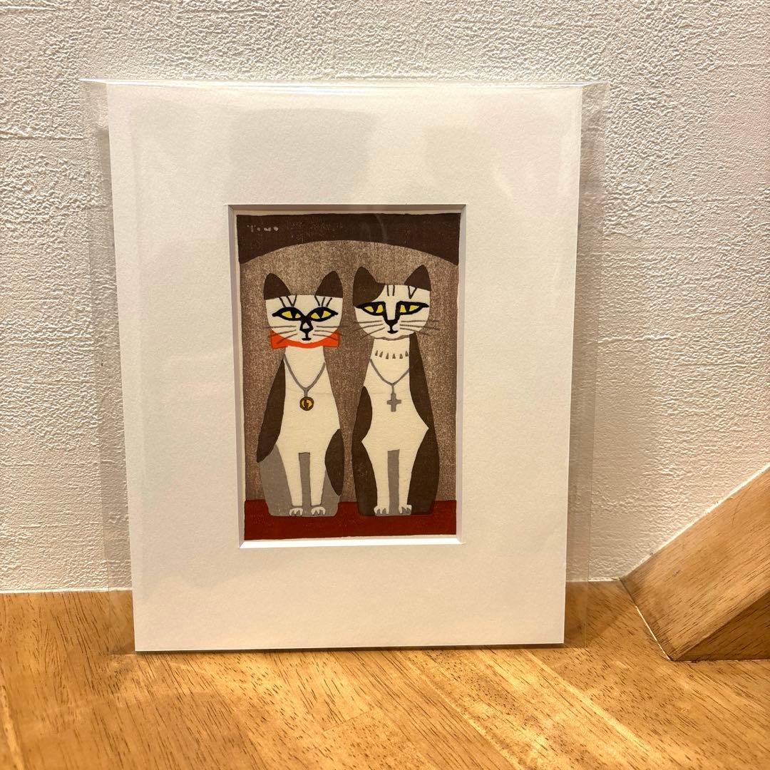 稲垣知雄　木版画　「ペンダントの猫」