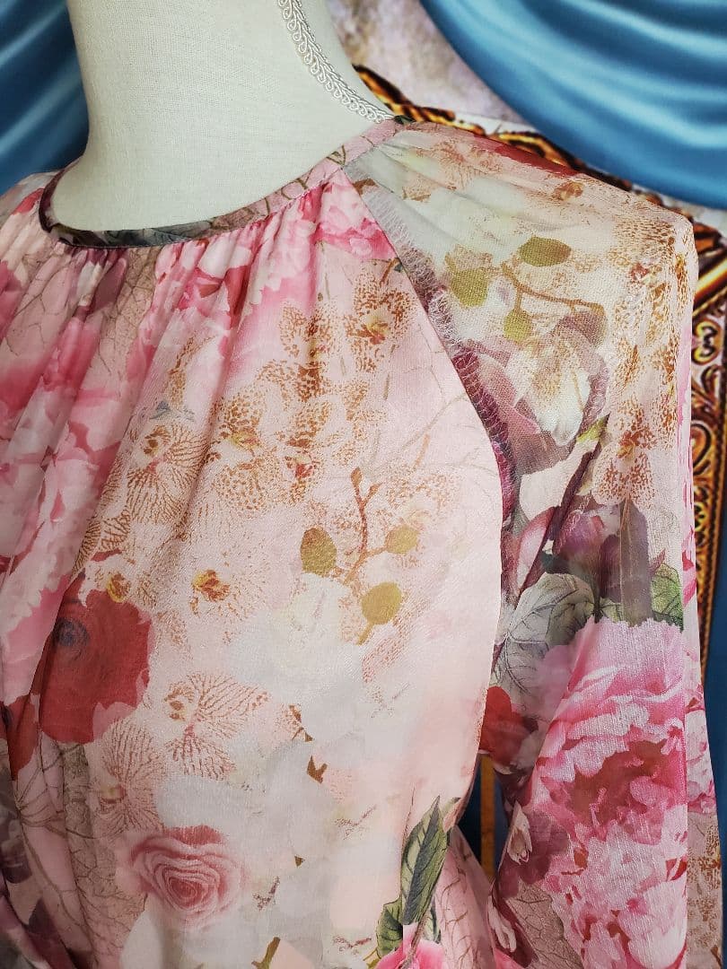 フリー【新品インポートセレクト】花柄シフォンティアードワンピースピンク