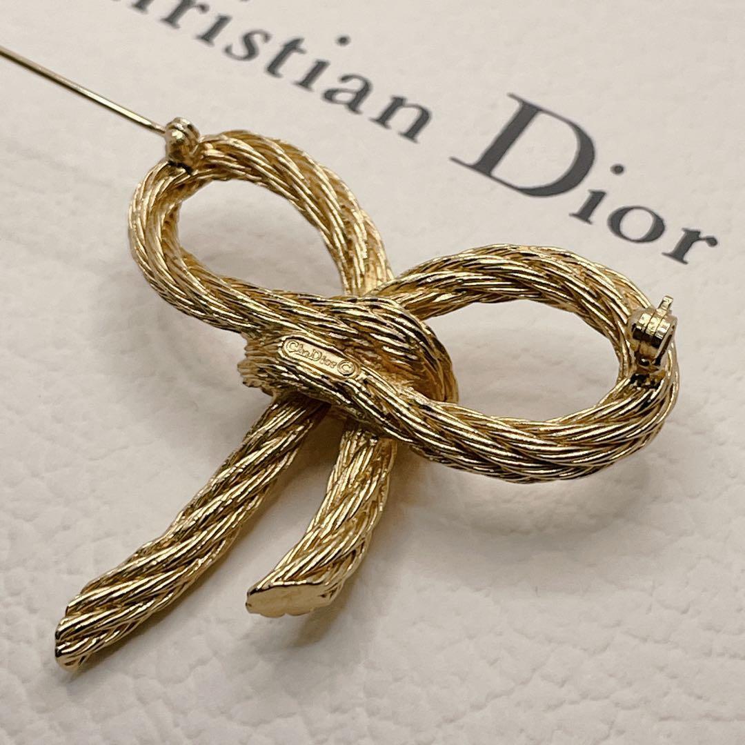 DIOR ヴィンテージ　ブローチ　リボン　ゴールド　クリスチャンディオール