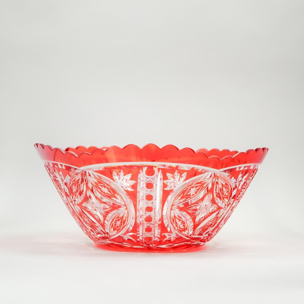 ボヘミアガラス 朱色 ボウル 32cm 花生け