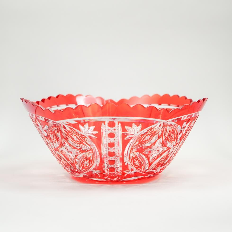 ボヘミアガラス 朱色 ボウル 32cm 花生け