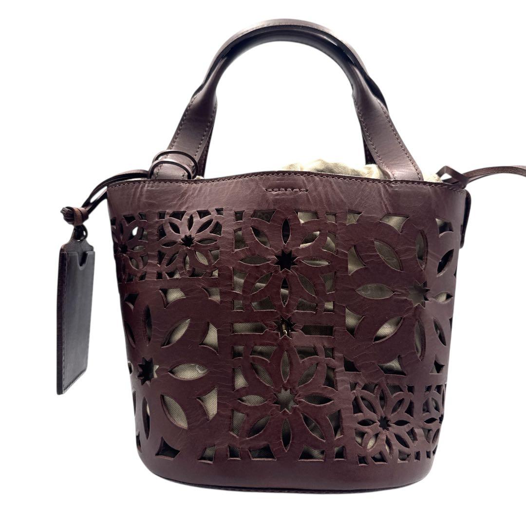 新品未使用 genten ゲンテン カットワーク ハンドバッグ 巾着付 茶 本革