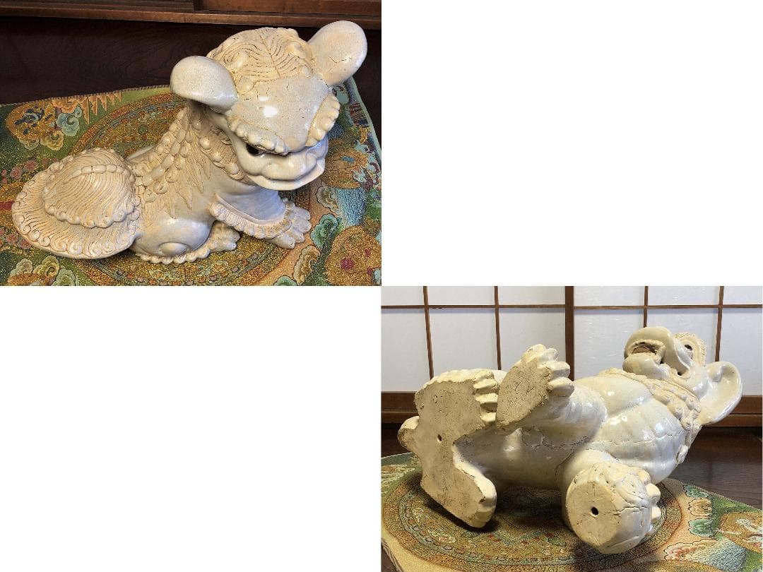 【 白獅子 】 大型　陶製玉獅子　献上上手　68ｃｍ 　19.6ｋｇ